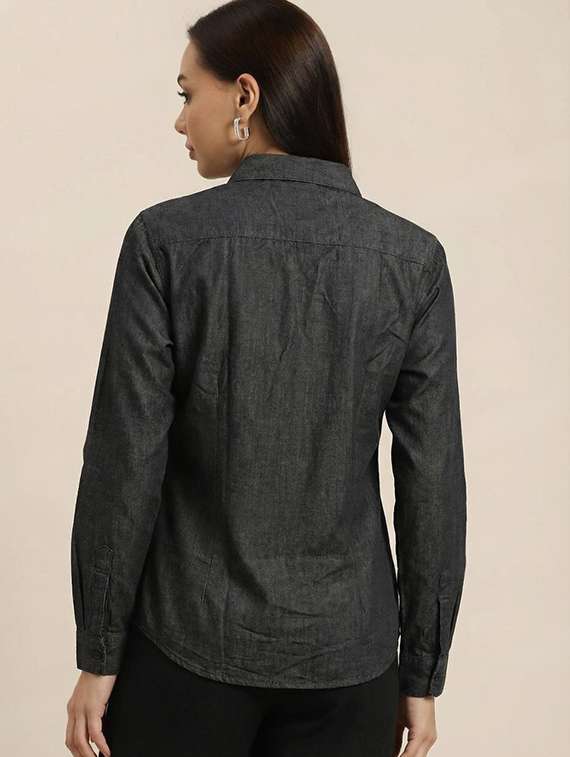 women solid collared long sleeve denim shirt - 22300811 -  Standard Image - 3