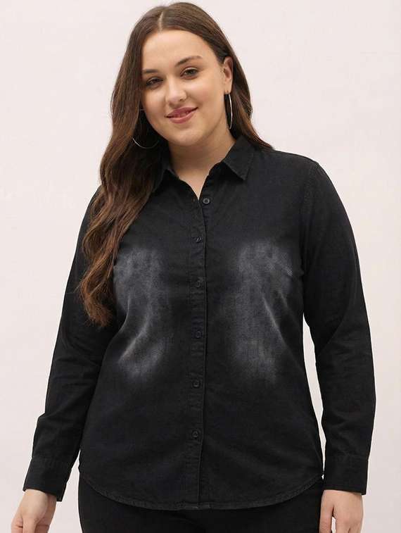women solid collared long sleeve denim shirt