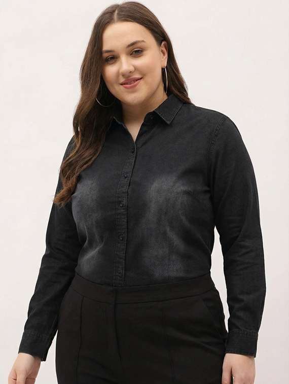 women solid collared long sleeve denim shirt - 22300813 -  Standard Image - 3