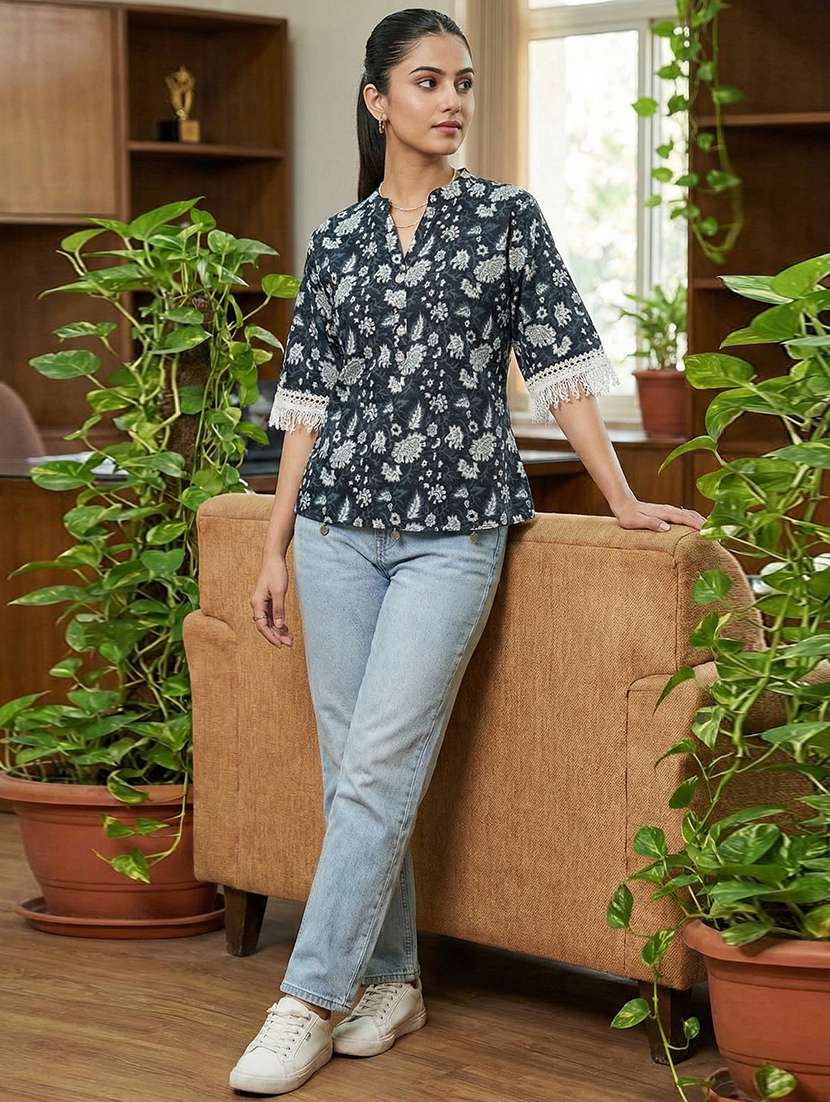 women floral three quarter sleeve ethnic top - 22300886 -  Standard Image - 3