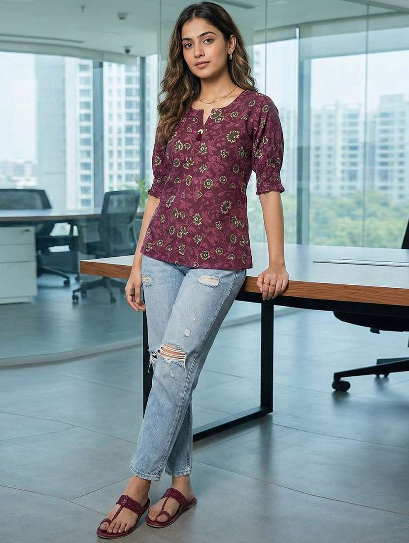 women floral puff sleeve ethnic top - 22300890 -  Standard Image - 3