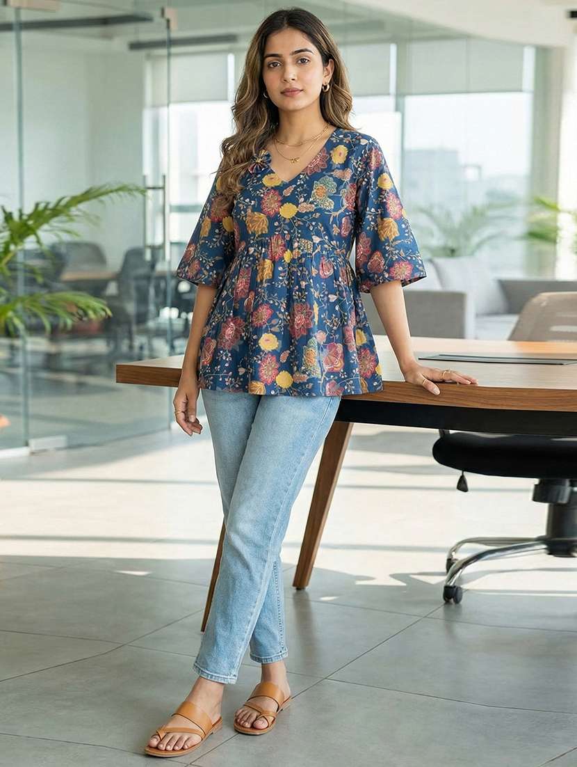 women floral three quarter sleeve ethnic top - 22300892 -  Standard Image - 3