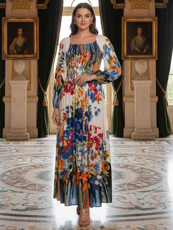 women printed puff sleeve fit & flare dress