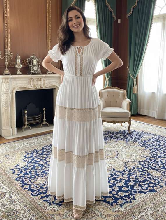 women solid puff sleeve laced tiered dress