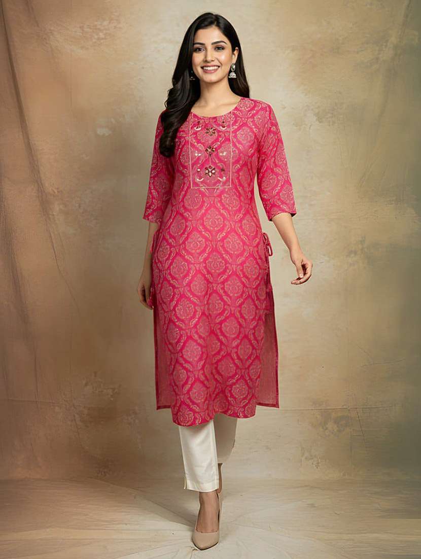 women printed three quarter sleeve straight kurta