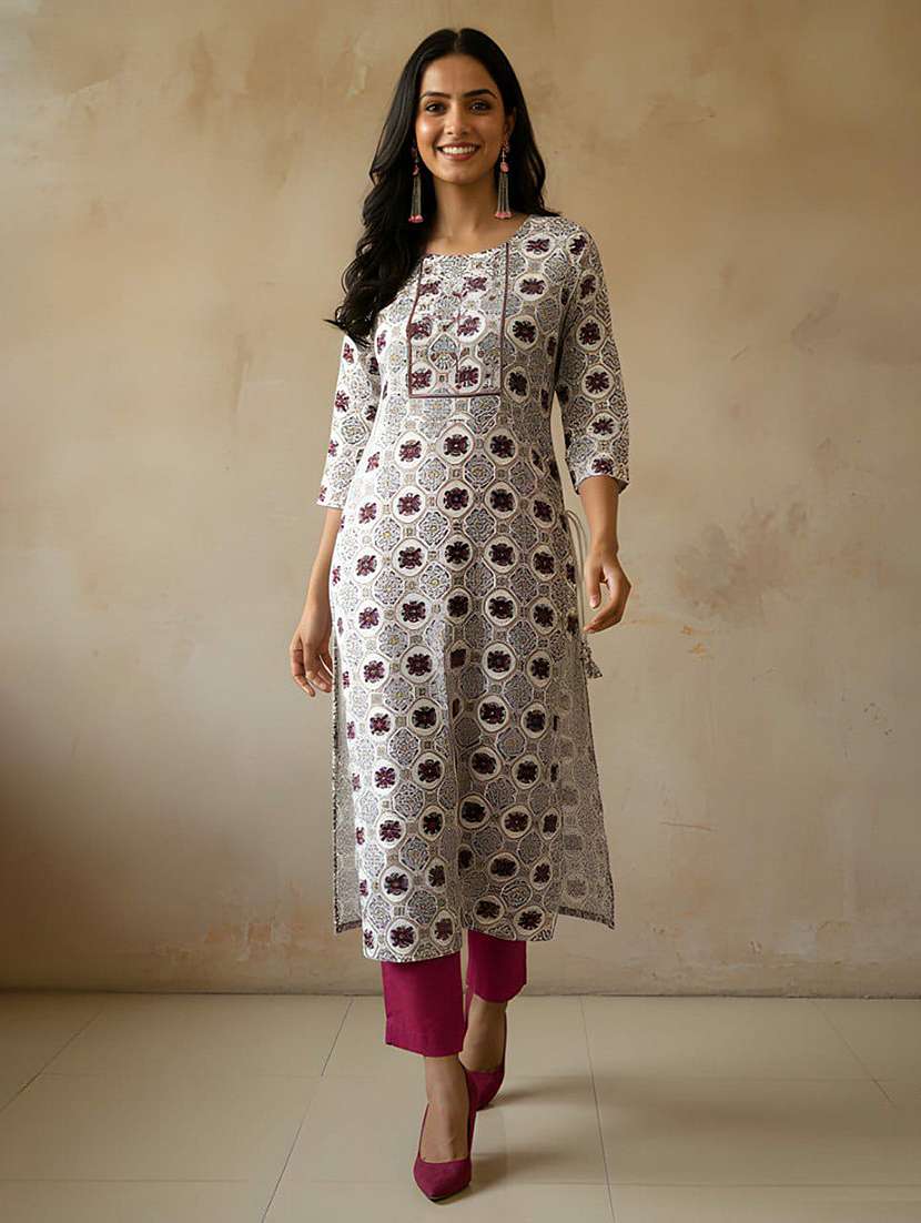 women printed three quarter sleeve straight kurta