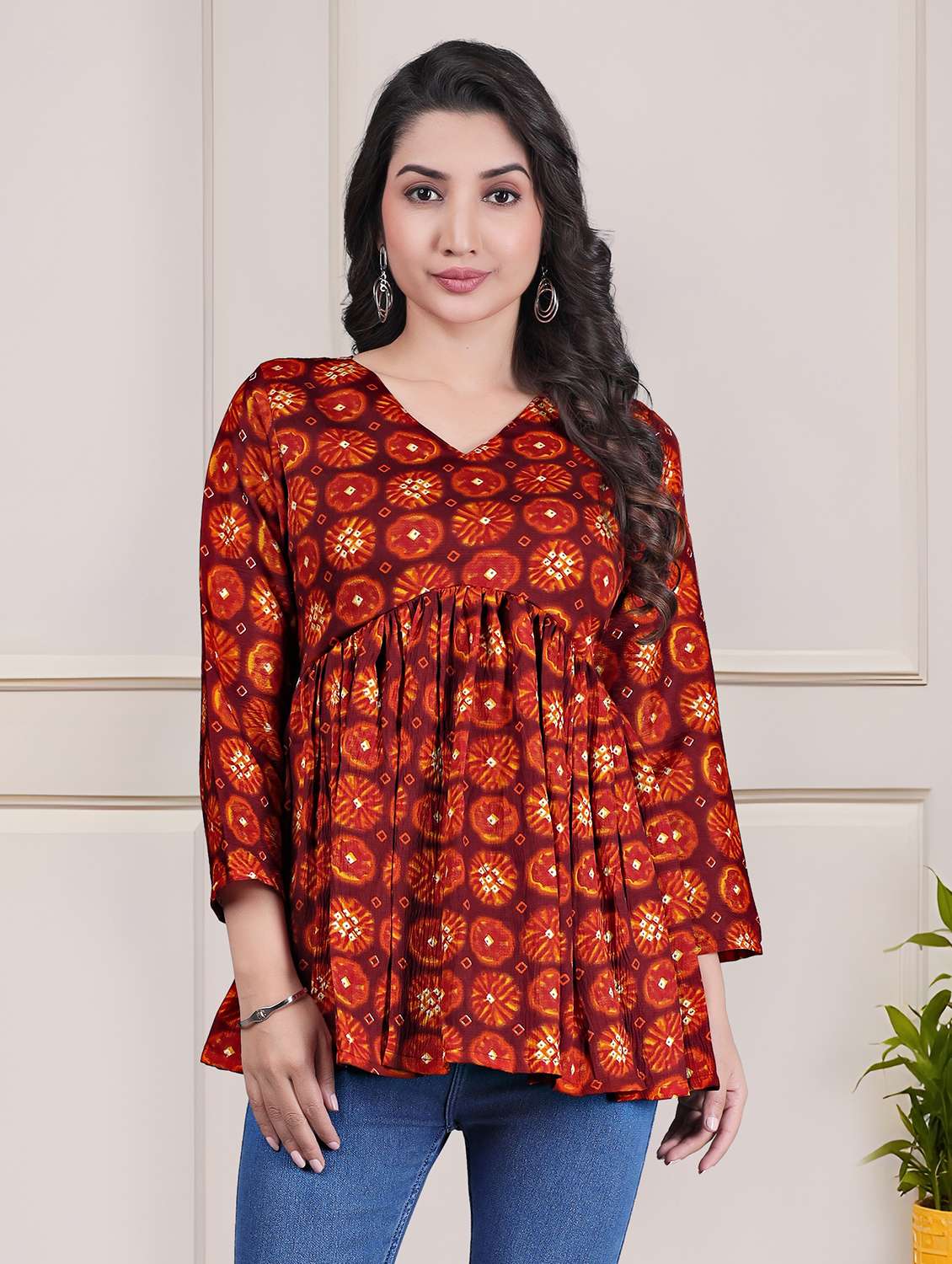 women printed long sleeve flared tunic