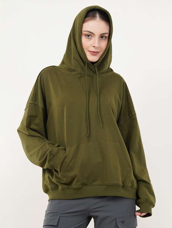 women solid long sleeve hooded oversized sweatshirt