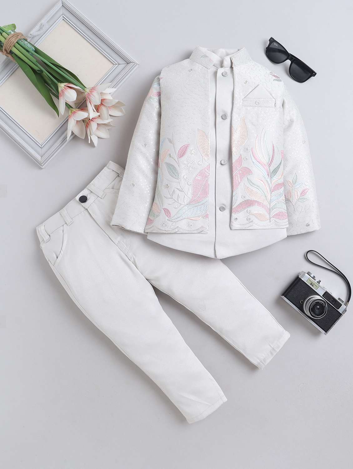 boys embroidered long sleeve sherwani set