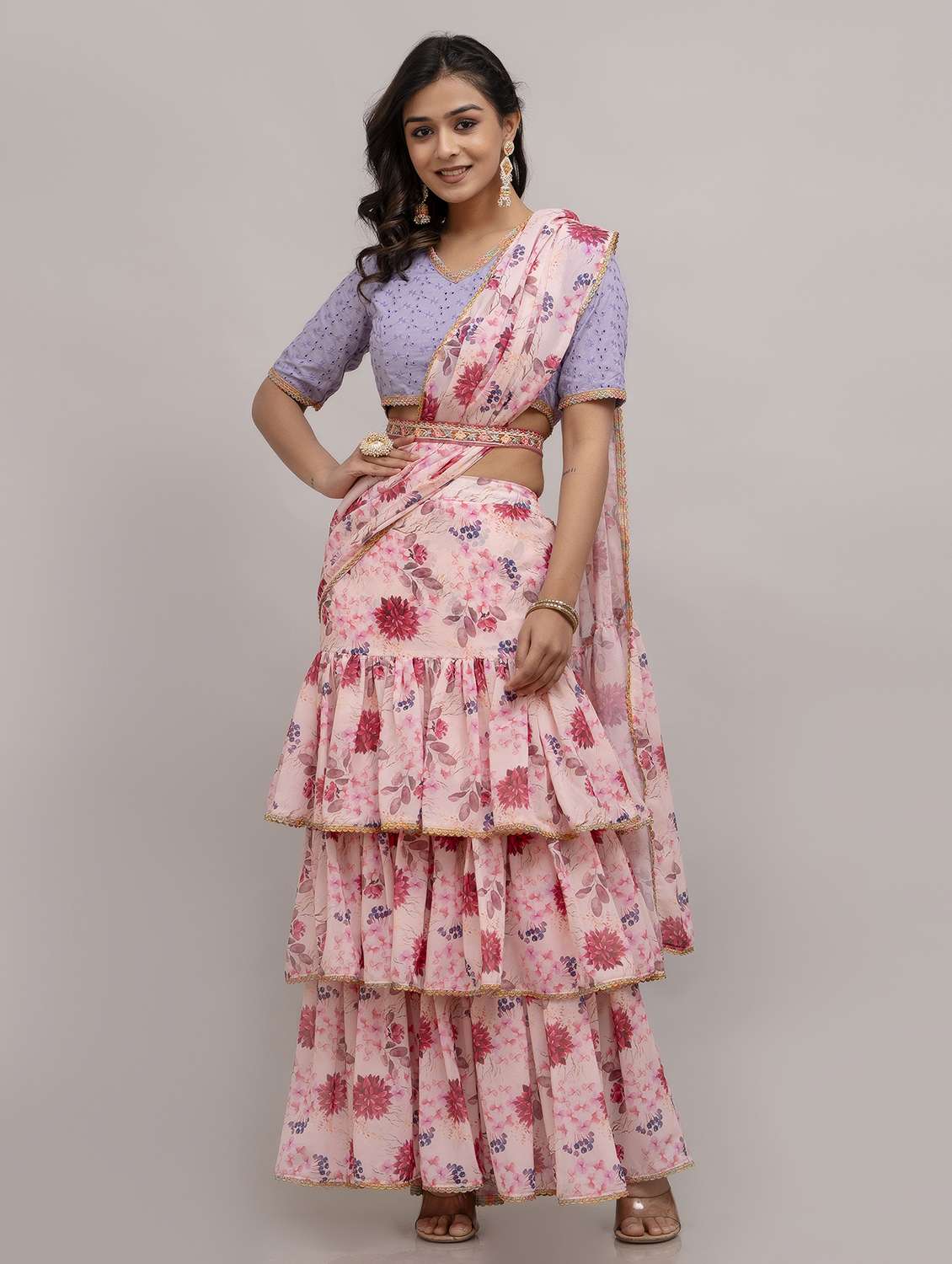 women floral printed pre-drape lehenga
