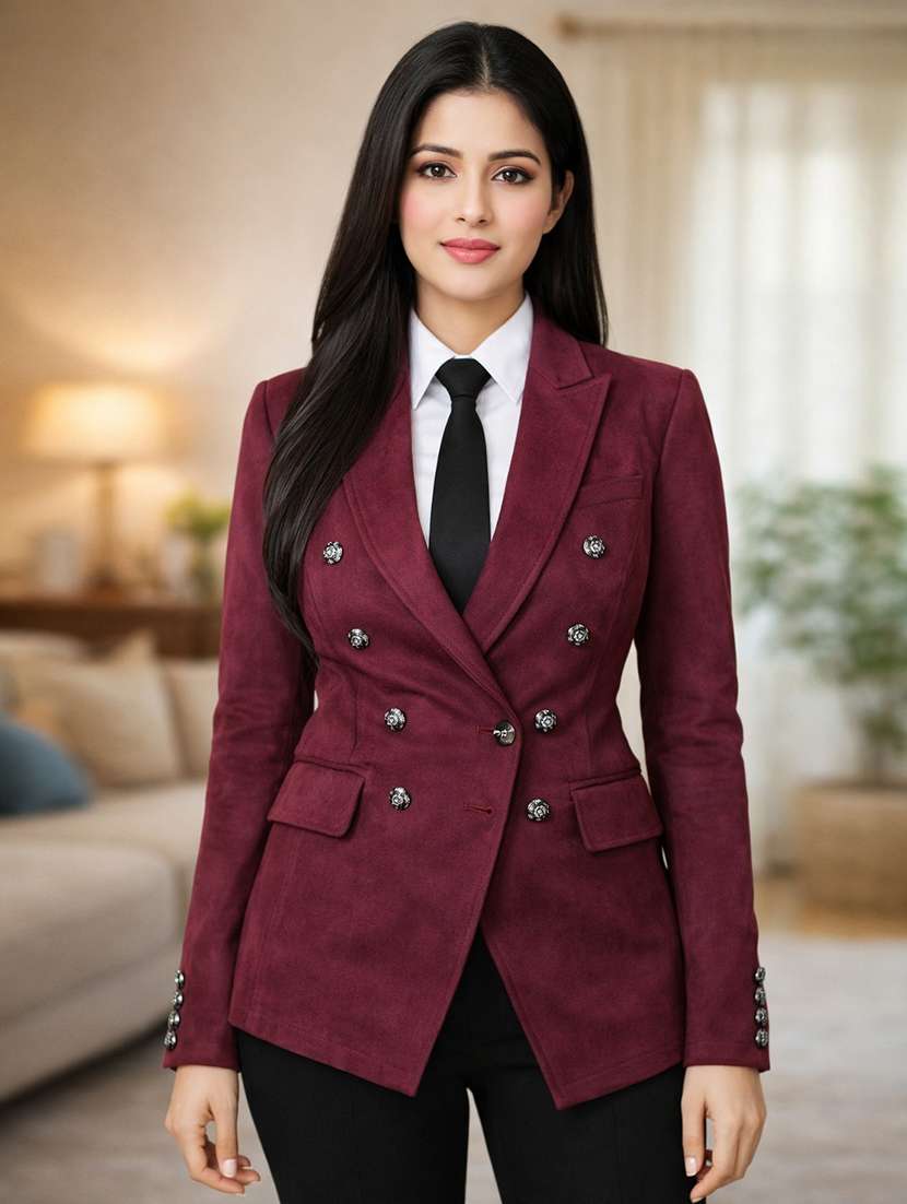 women solid long sleeve double breasted blazer
