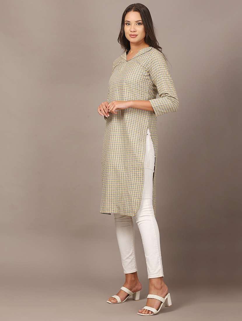 women checkered three quarter sleeve woolen kurta - 22301690 -  Standard Image - 3