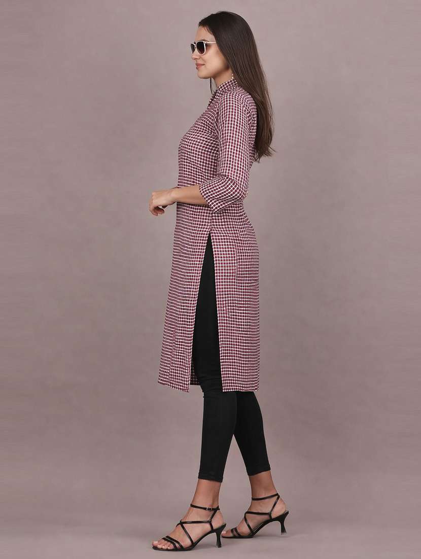 women checkered three quarter sleeve woolen kurta - 22301691 -  Standard Image - 3