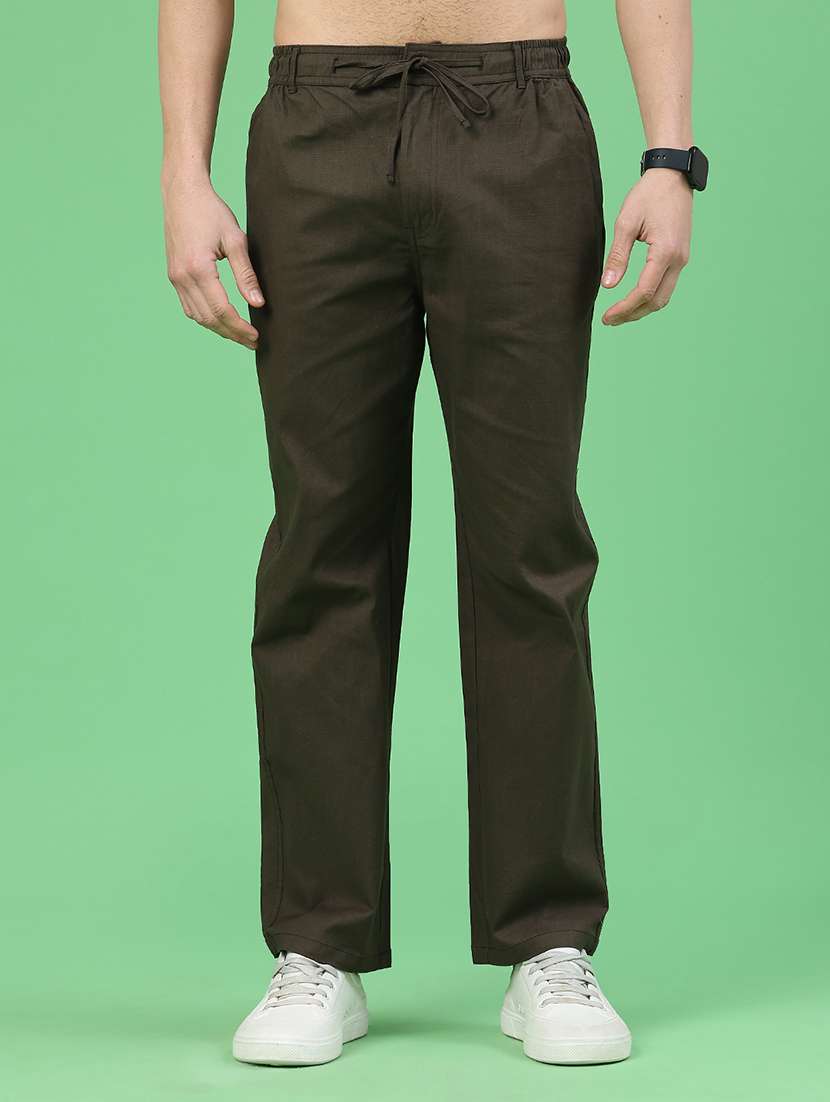 men solid mid rise flat front casual trouser