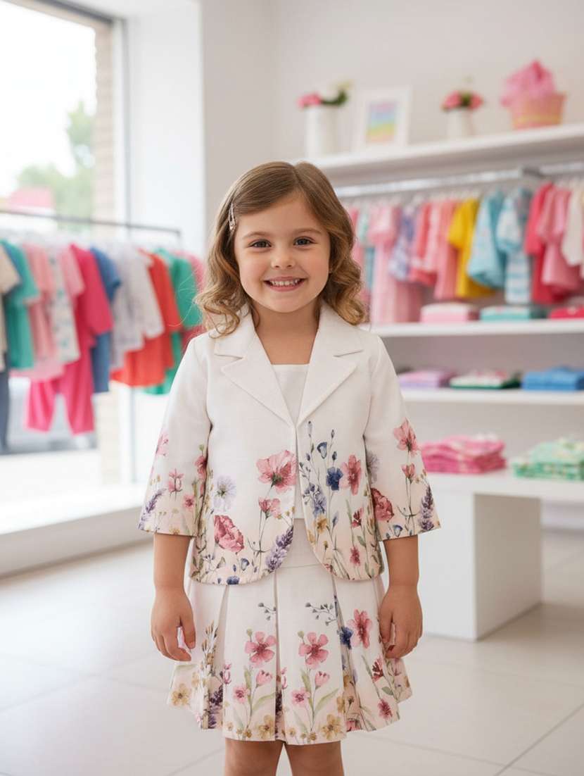 girls floral three quarter sleeve skirt & top set