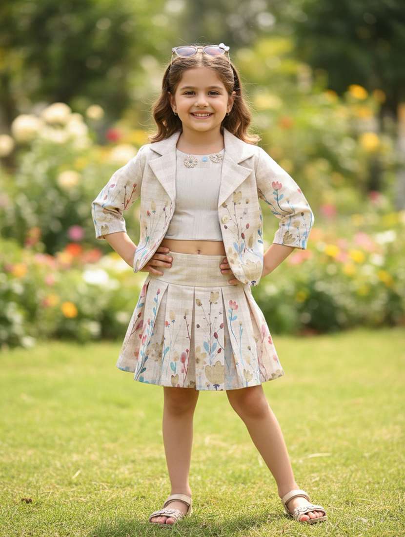 girls printed three quarter sleeves top and skirt set with jacket 