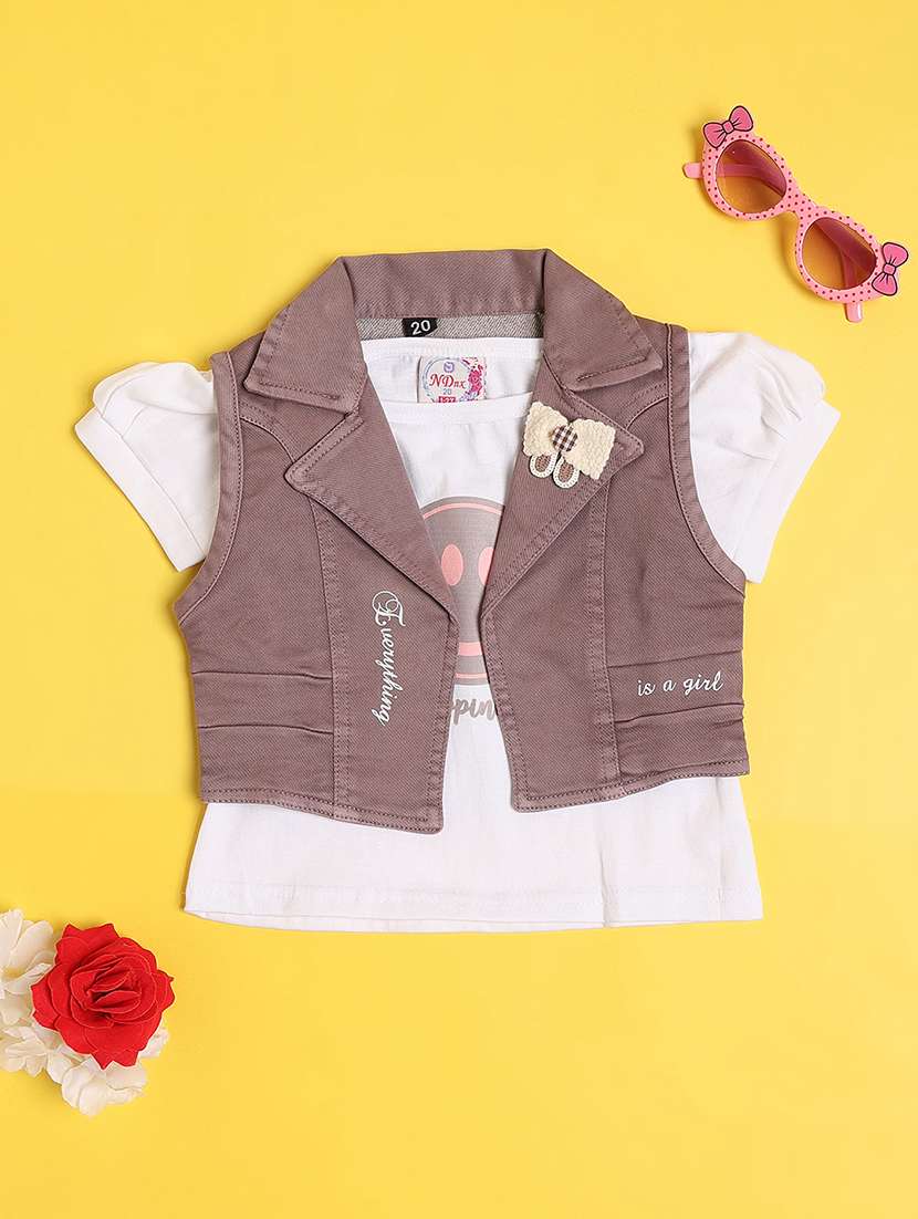 girls printed short sleeves top skirt set with jacket - 22302276 -  Standard Image - 3