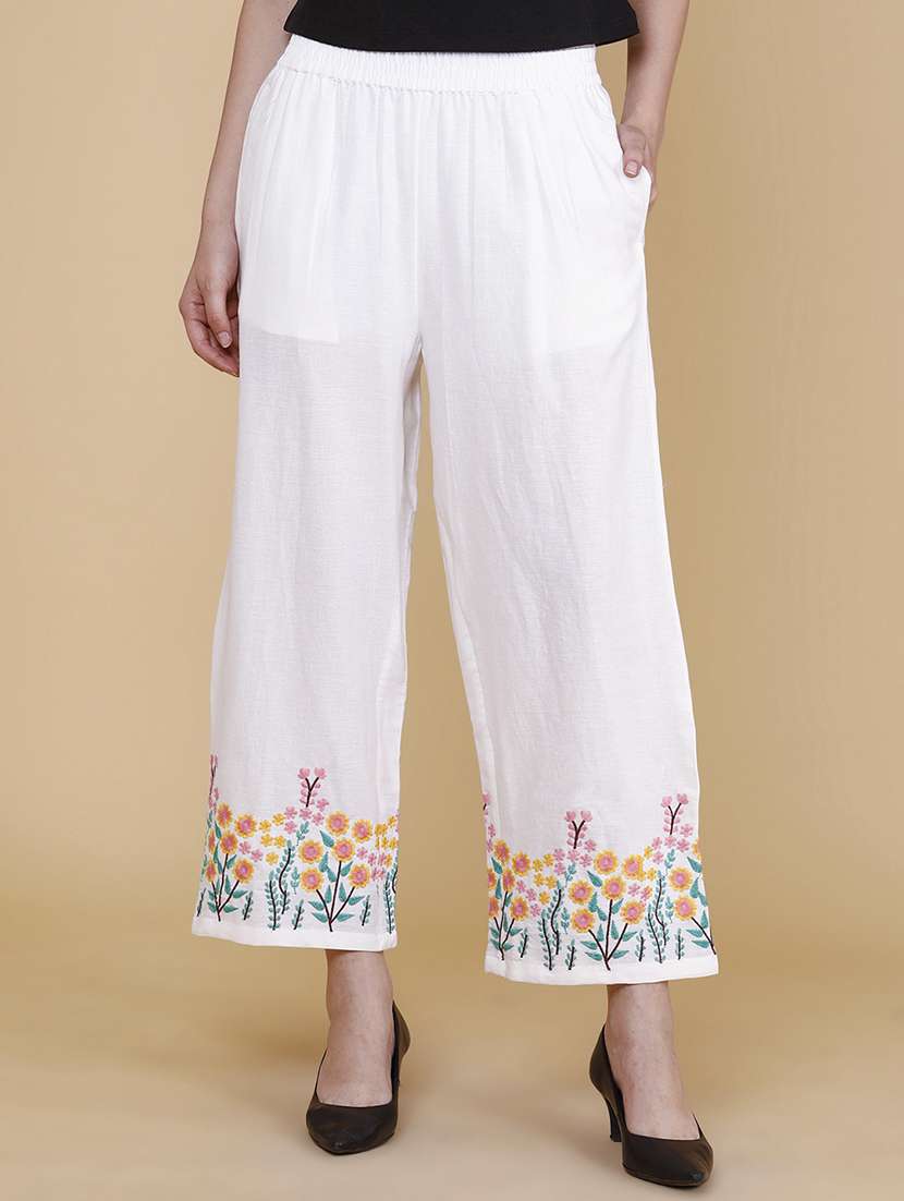 women embroidered mid rise regular fit straight trouser