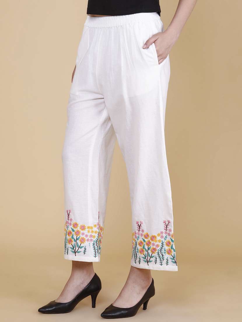 women embroidered mid rise regular fit straight trouser - 22302409 -  Standard Image - 3