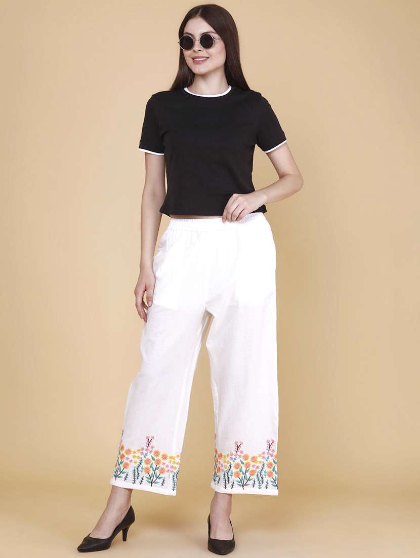 women embroidered mid rise regular fit straight trouser - 22302409 -  Standard Image - 5