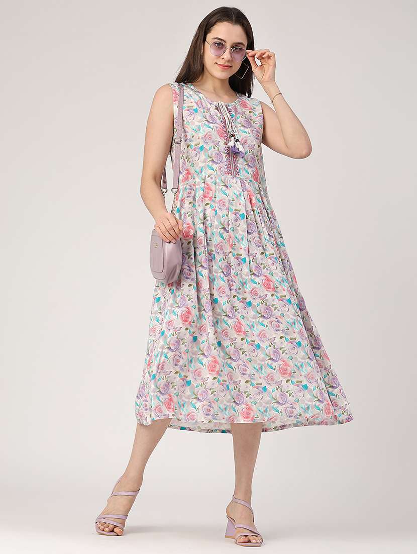 women printed tie up neck tiered dress