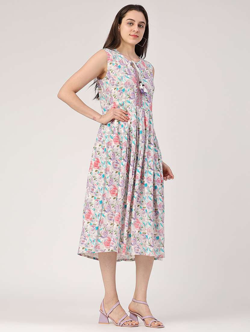 women printed tie up neck tiered dress - 22302423 -  Standard Image - 3