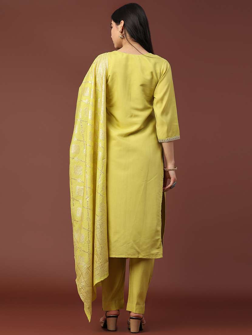 Women Solid With Work Three Quarter Sleeve Kurta Pant With Dupatta Set - 22302498 -  Standard Image - 3