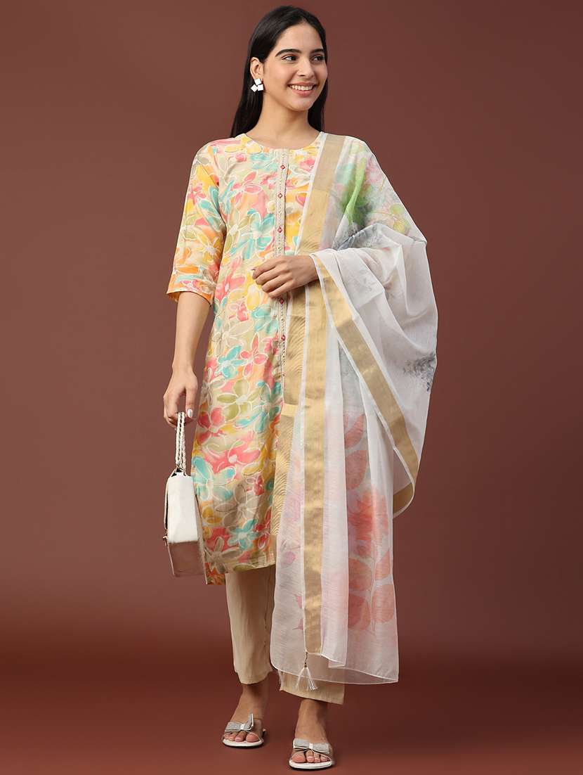women floral three quarter sleeve kurta pant with dupatta set