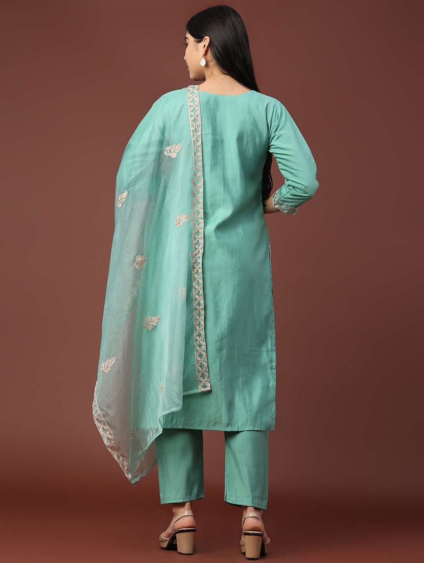 women solid with work three quarter sleeve kurta pant with dupatta set - 22302535 -  Standard Image - 3