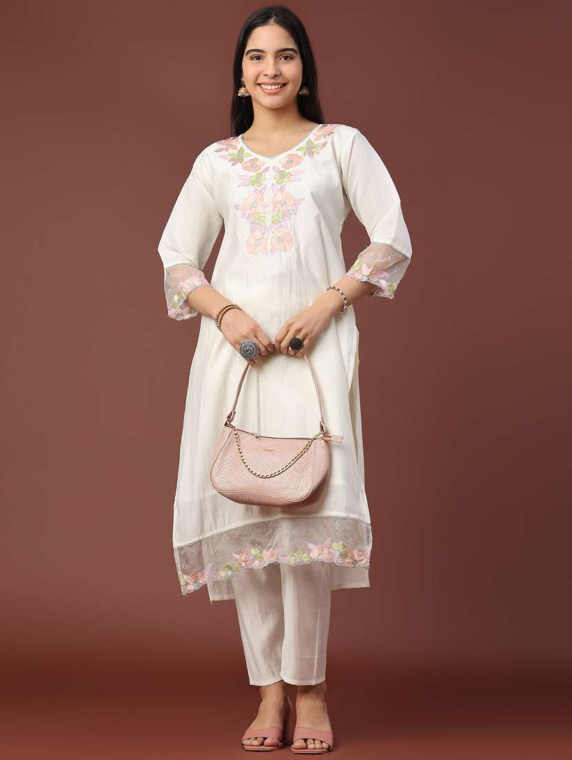 women solid with work three quarter sleeve kurta pant with dupatta set