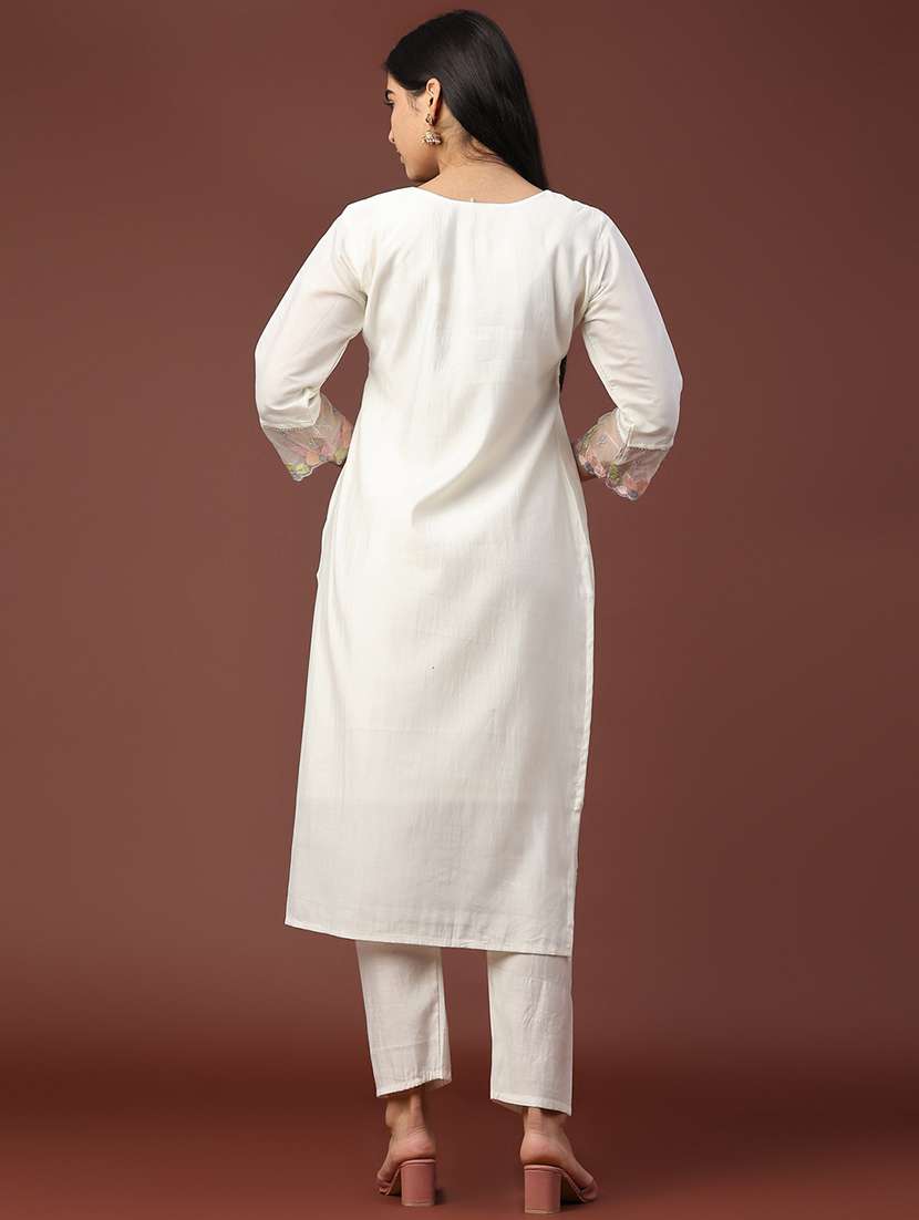 women solid with work three quarter sleeve kurta pant with dupatta set - 22302536 -  Standard Image - 3