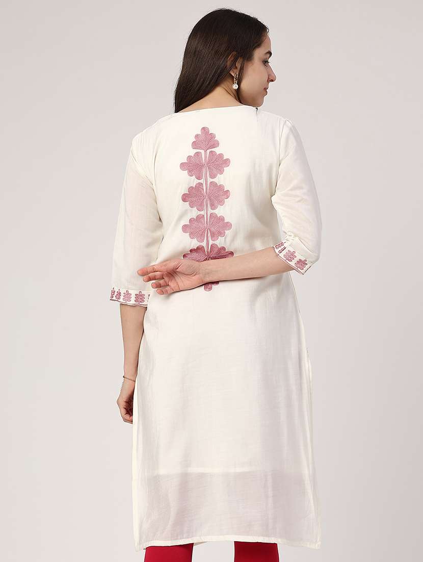 Women Solid With Work Three Quarter Sleeve Straight Kurta - 22302667 -  Standard Image - 3
