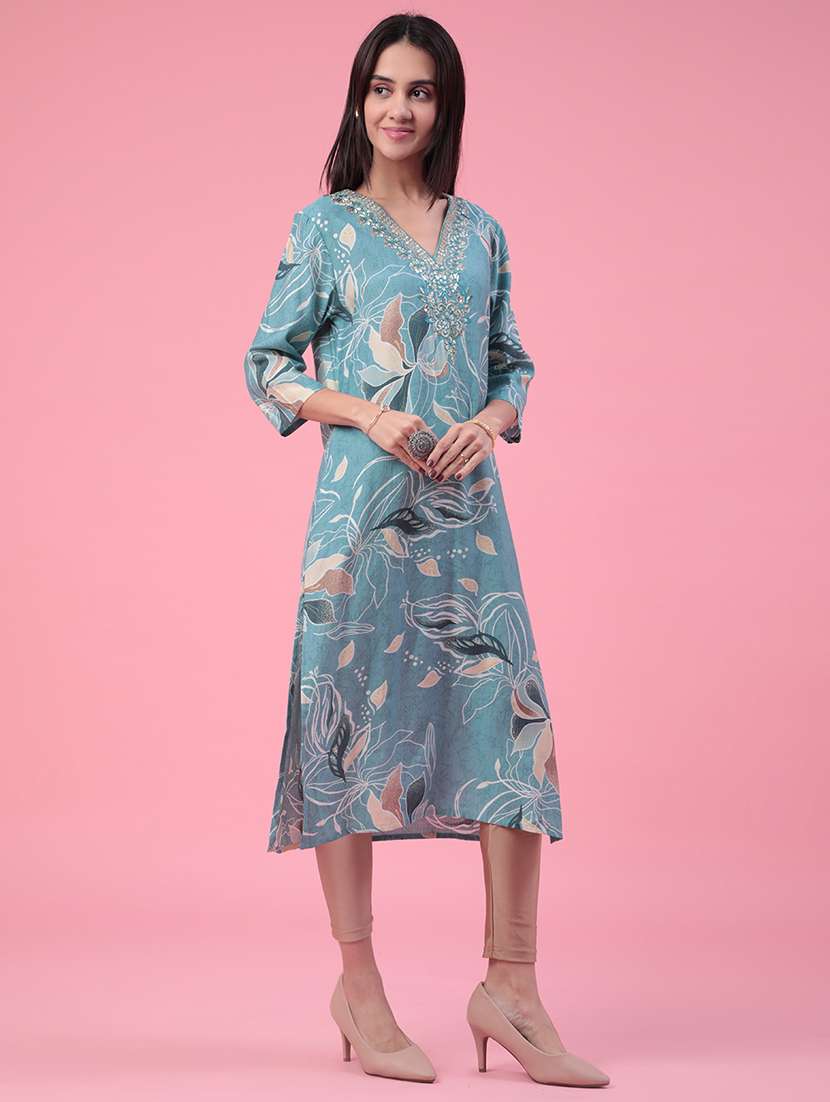 women printed three quarter sleeves straight kurta - 22302669 -  Standard Image - 3