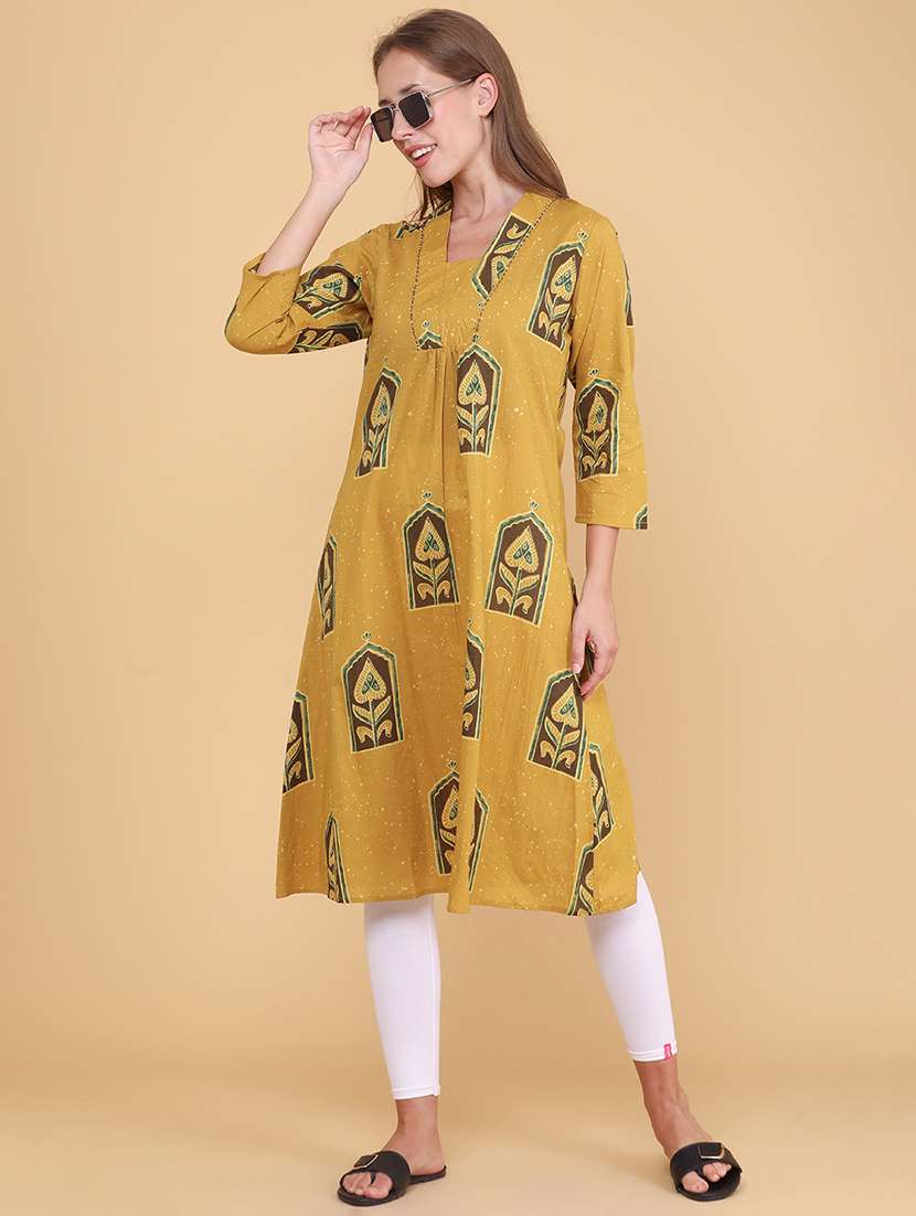women printed three quarter sleeves a-line kurta