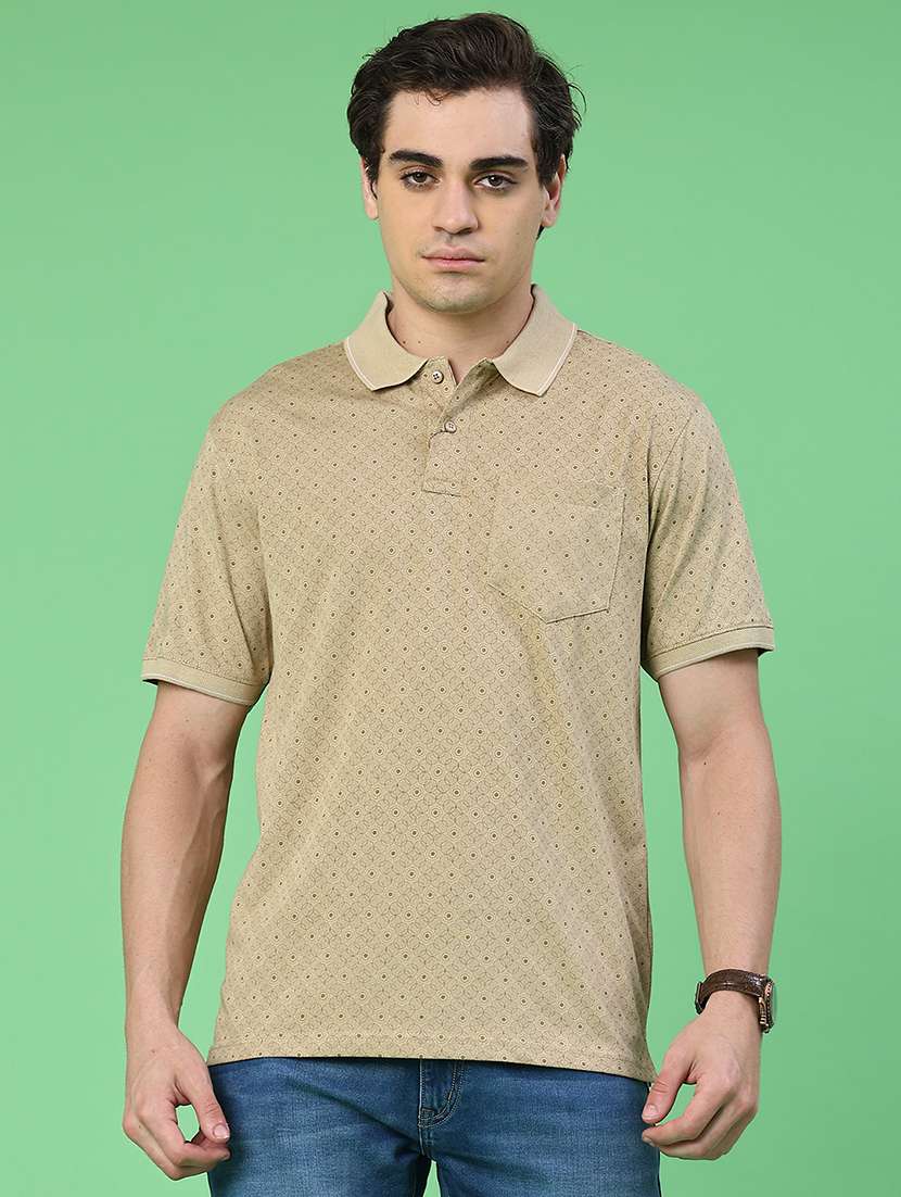 beige cotton blend plain polo tshirt