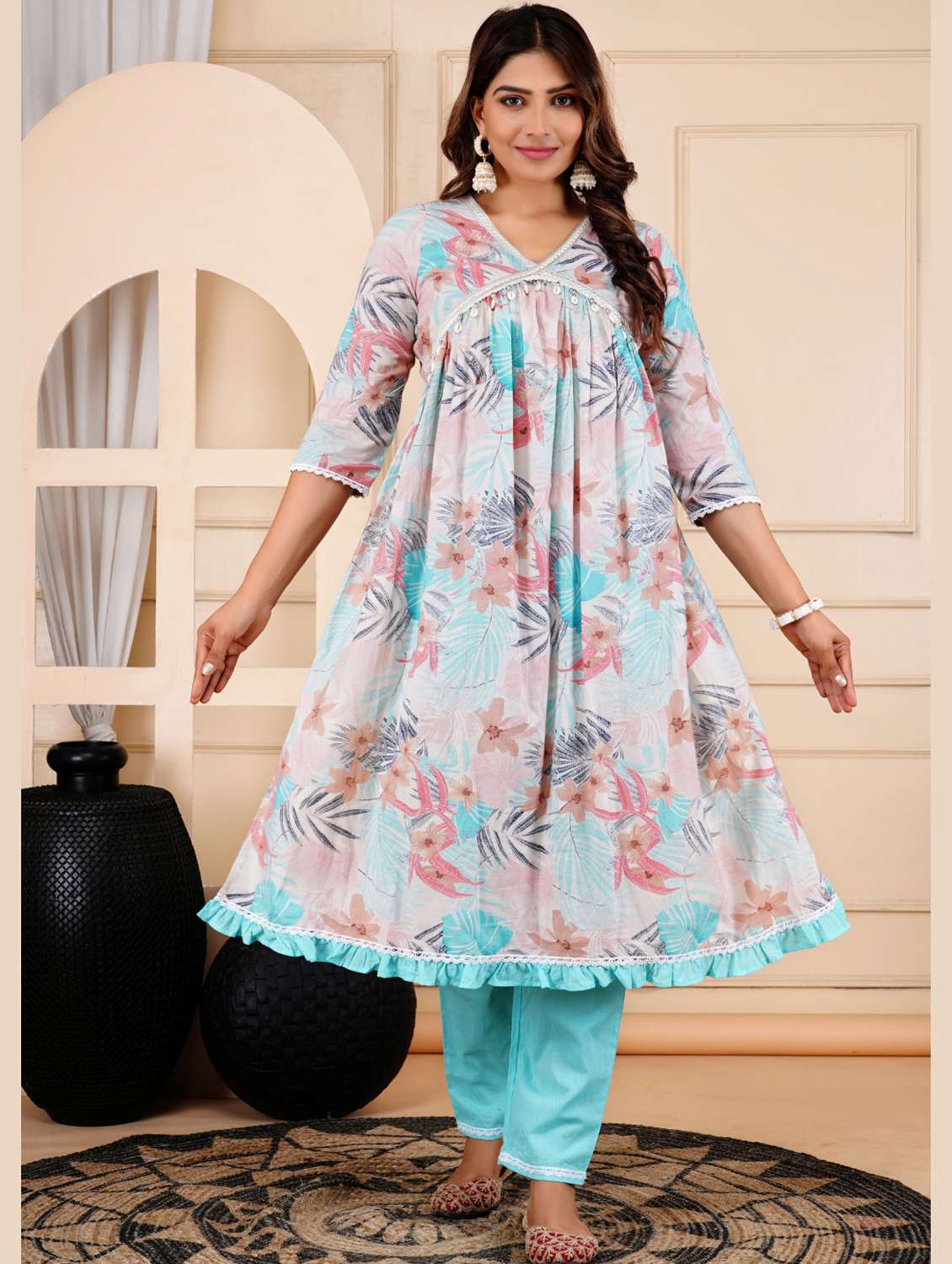 women floral three quarter sleeve kurta pant with dupatta set - 22303174 -  Standard Image - 3