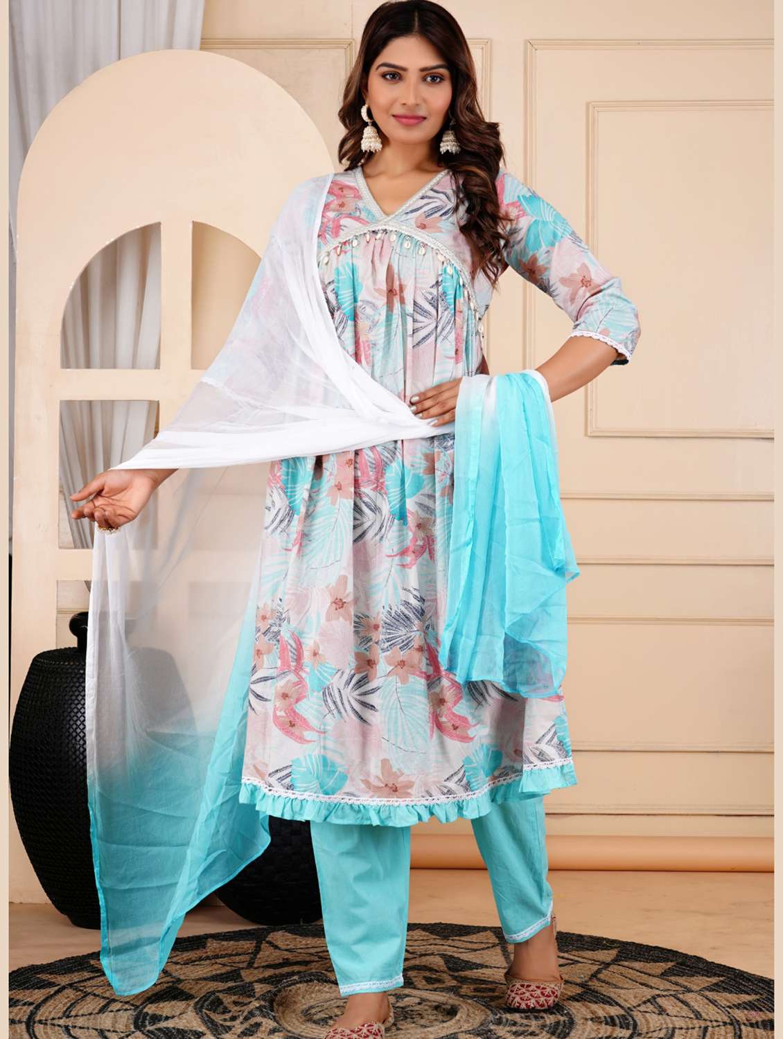 women floral three quarter sleeve kurta pant with dupatta set - 22303174 -  Standard Image - 5