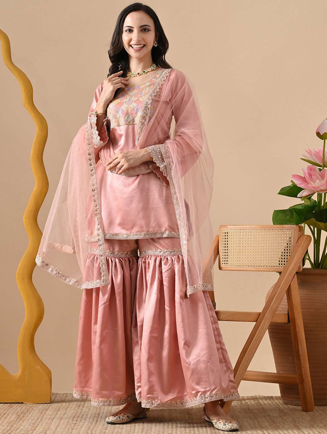 women solid with work long sleeve kurta sharara with dupatta set
