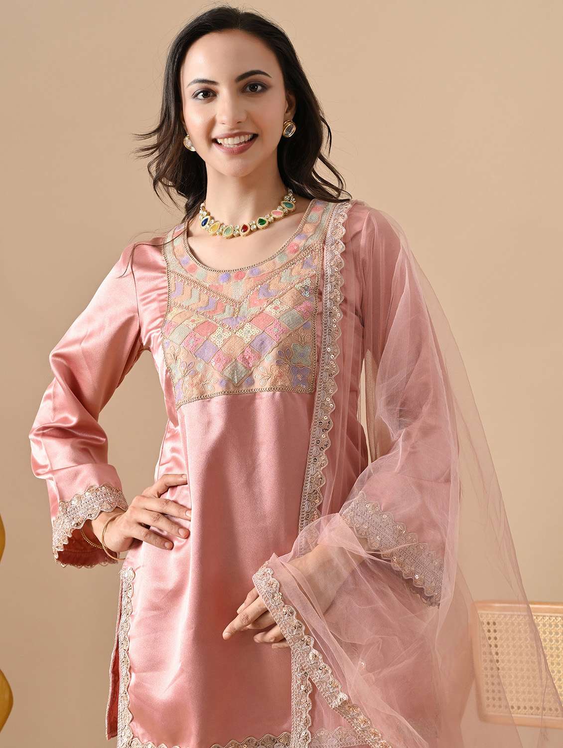 women solid with work long sleeve kurta sharara with dupatta set - 22303175 -  Standard Image - 3