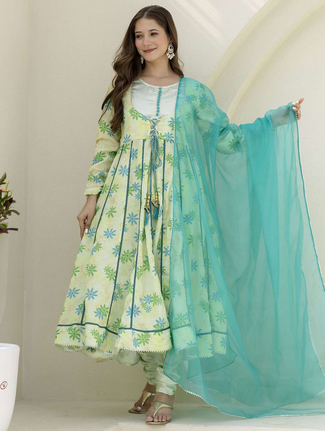 women floral long sleeve kurta churidaar with dupatta set