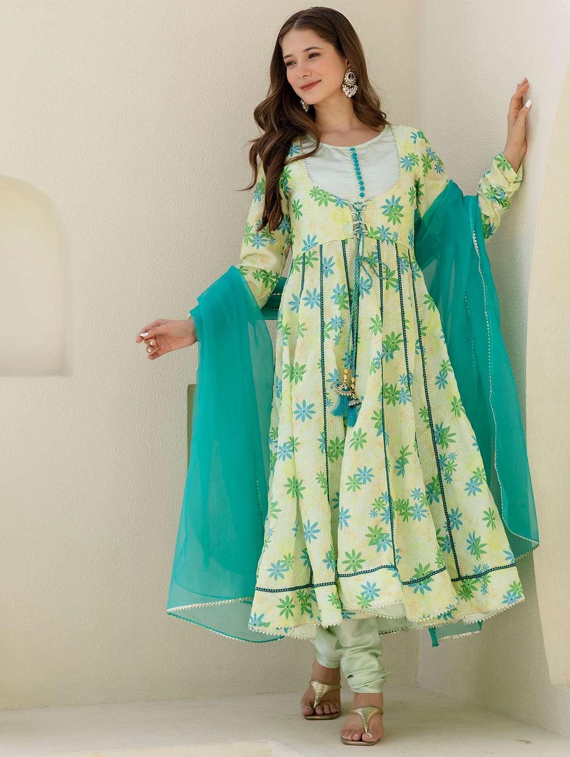 women floral long sleeve kurta churidaar with dupatta set - 22303177 -  Standard Image - 5