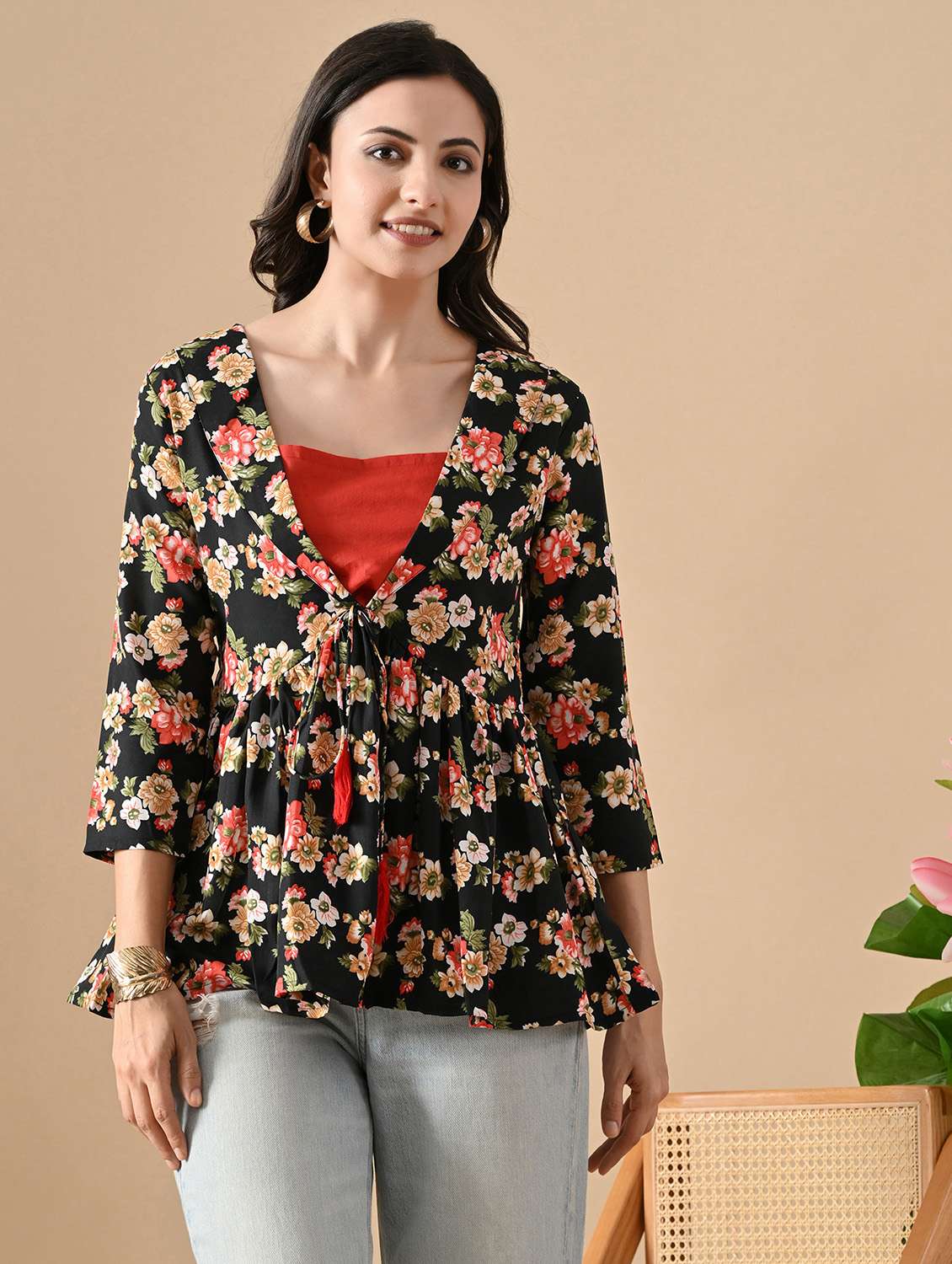 women floral three quarter sleeve ethnic top