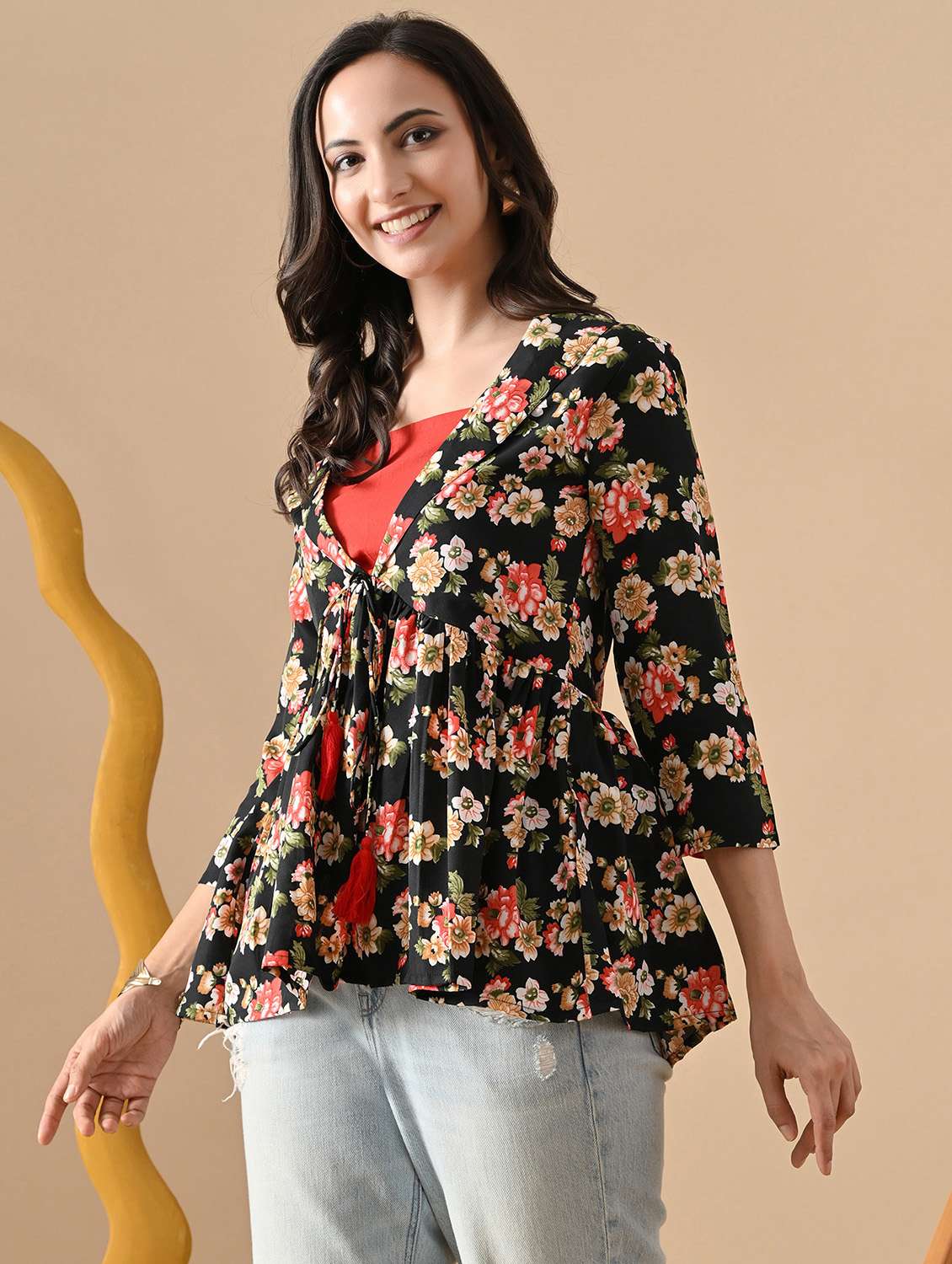 women floral three quarter sleeve ethnic top - 22303495 -  Standard Image - 3