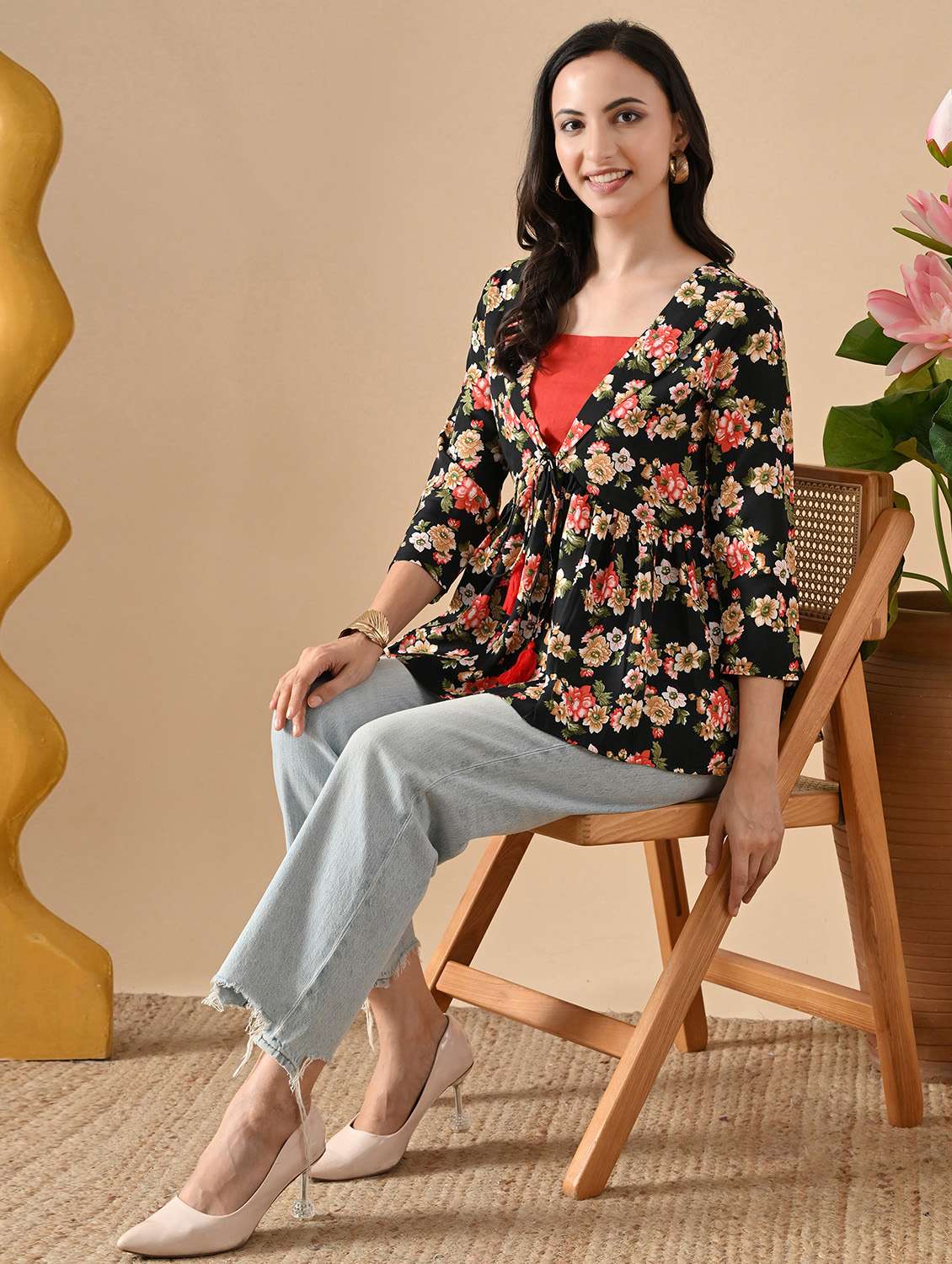 women floral three quarter sleeve ethnic top - 22303495 -  Standard Image - 5