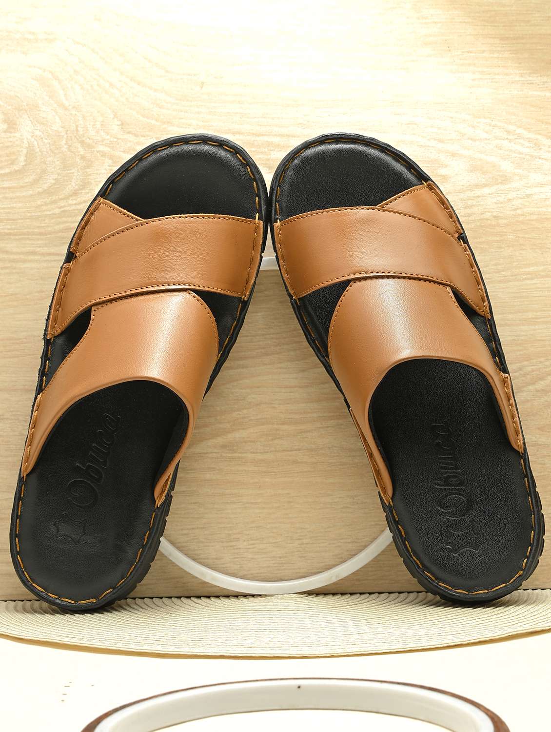 men tan slip on sandal
