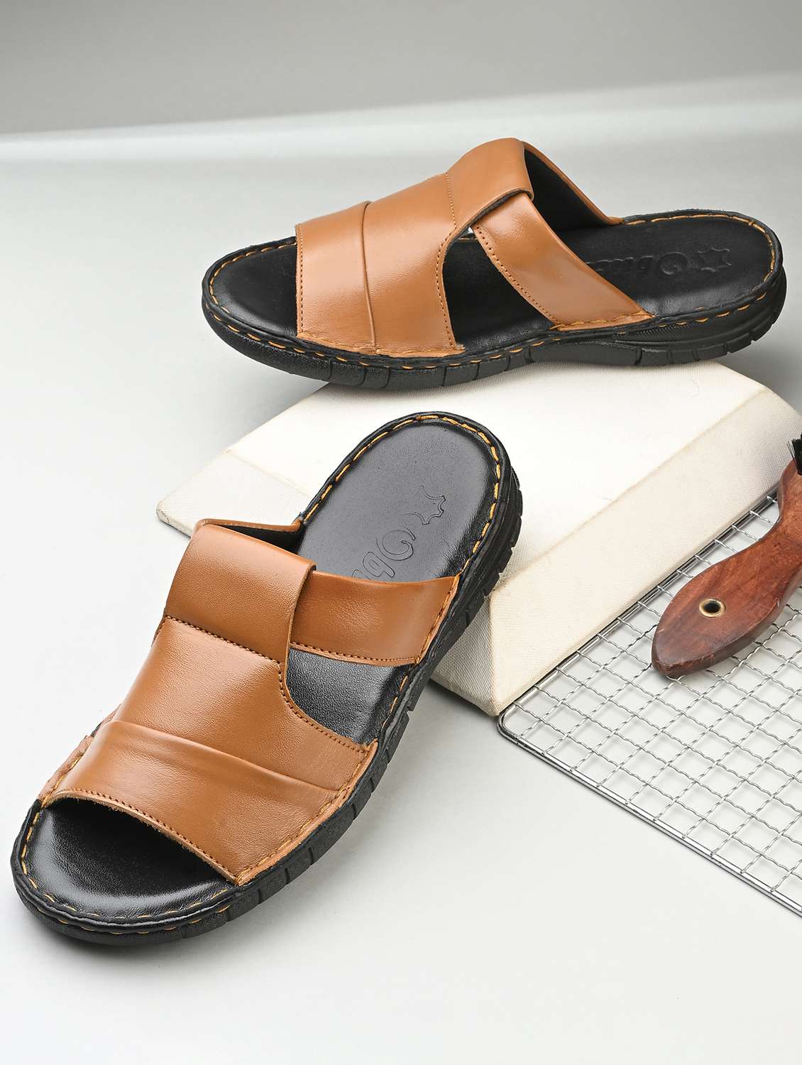 men tan slip on sandal