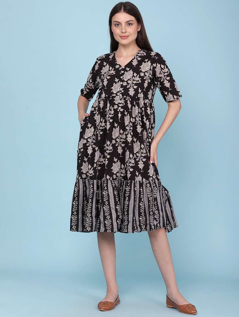 women printed short sleeves tiered dress