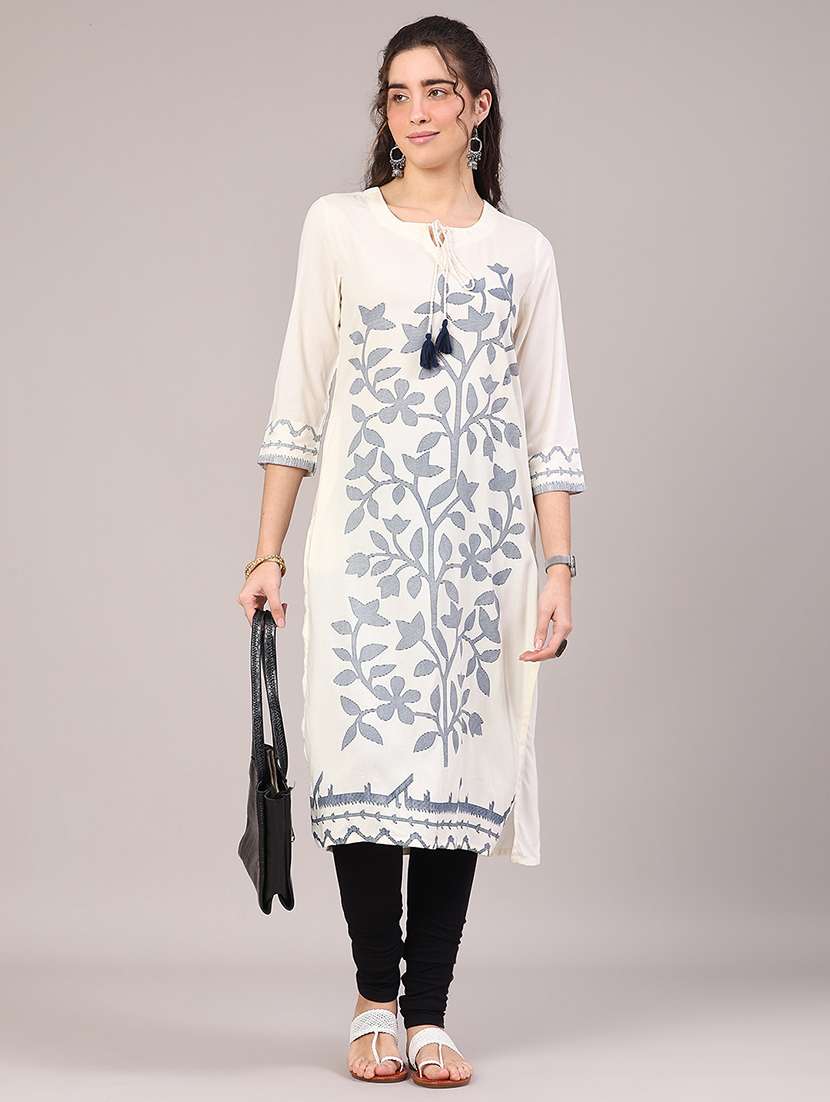 women printed three quarter sleeve straight kurta