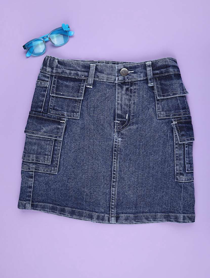 girls solid mid rise denim skirt