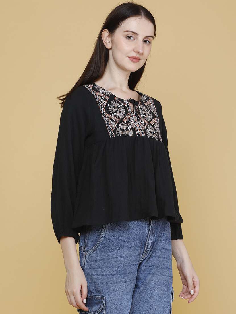 women embroidered three quarter sleeves a-line top - 22304734 -  Standard Image - 3